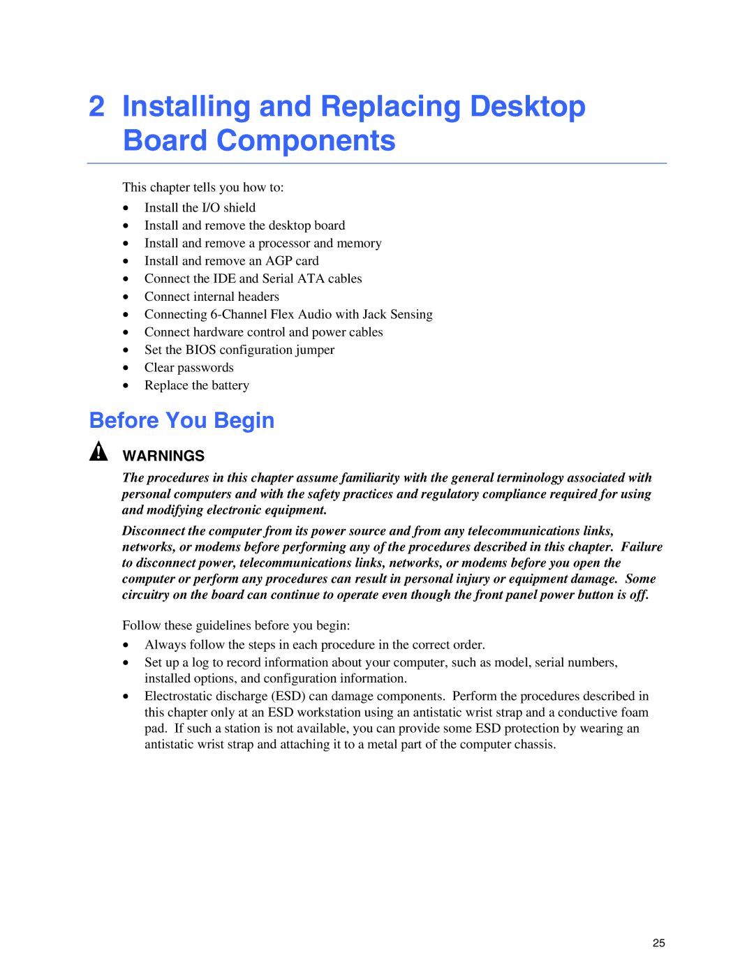 Intel D865GBF, D865GLC manual Installing and Replacing Desktop Board Components, Before You Begin 