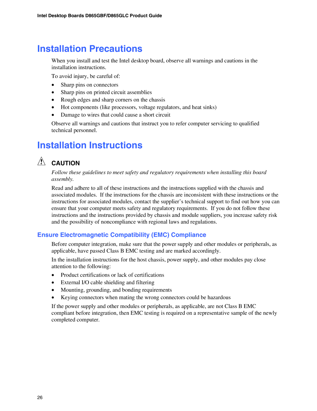 Intel D865GLC Installation Precautions, Installation Instructions, Ensure Electromagnetic Compatibility EMC Compliance 