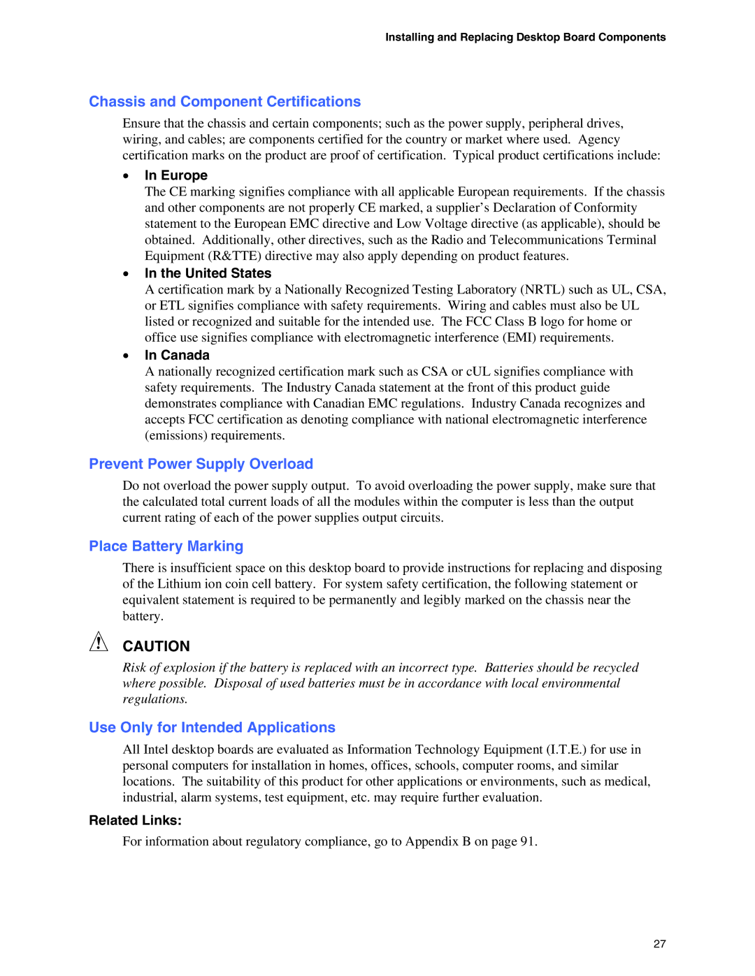 Intel D865GBF, D865GLC manual Chassis and Component Certifications, Prevent Power Supply Overload, Place Battery Marking 