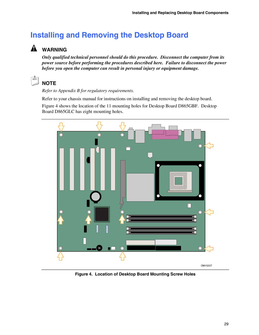 Intel D865GBF, D865GLC manual Installing and Removing the Desktop Board, Location of Desktop Board Mounting Screw Holes 