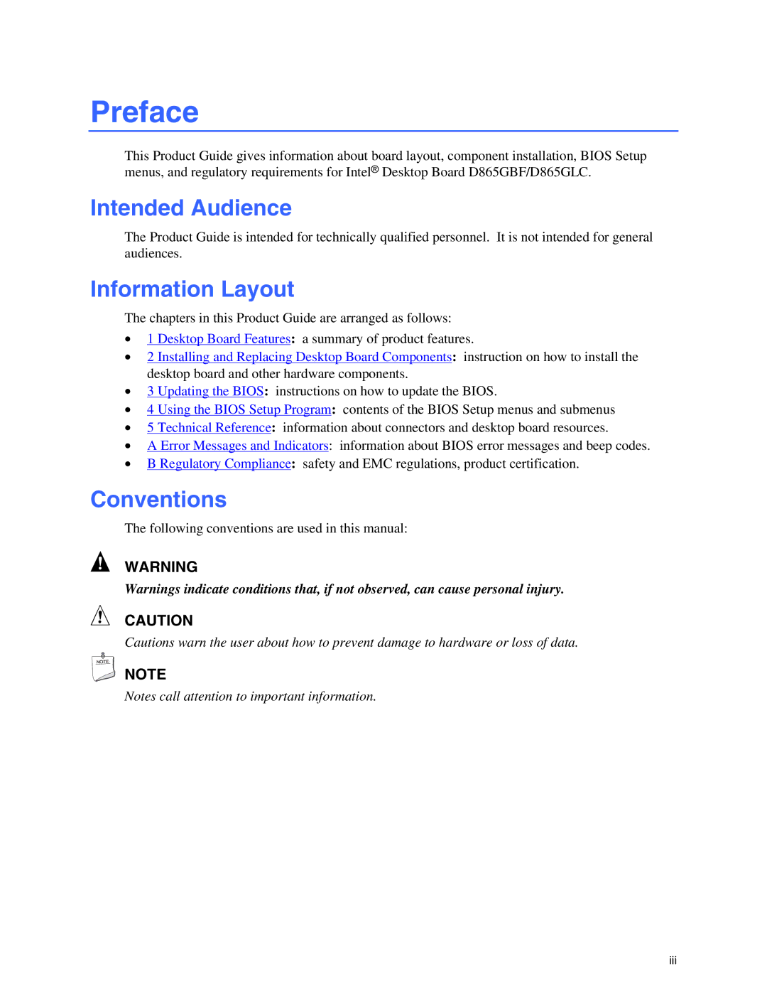 Intel D865GBF Preface, Intended Audience, Information Layout, Conventions, Following conventions are used in this manual 