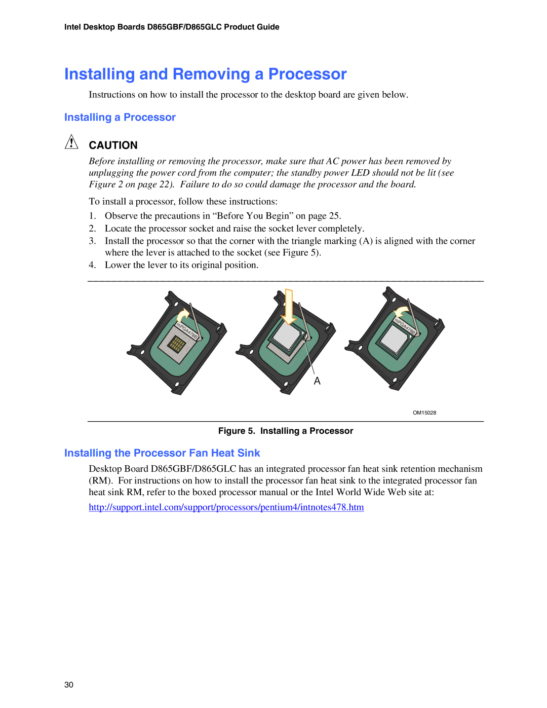 Intel D865GLC, D865GBF Installing and Removing a Processor, Installing a Processor, Installing the Processor Fan Heat Sink 