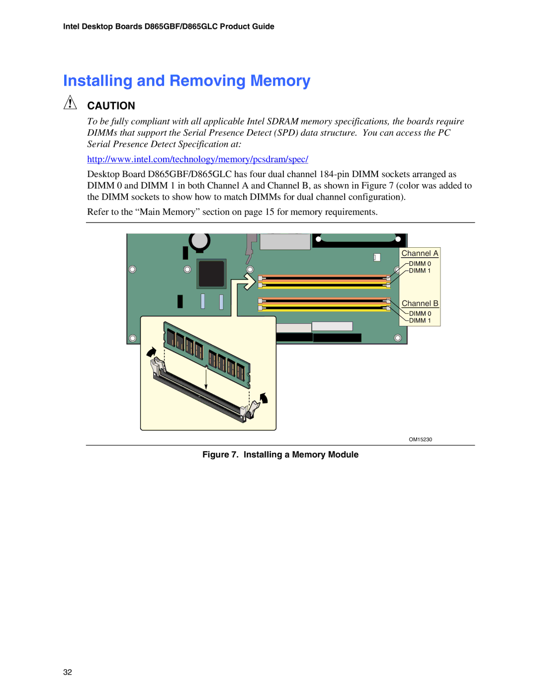 Intel D865GLC, D865GBF manual Installing and Removing Memory, Installing a Memory Module 