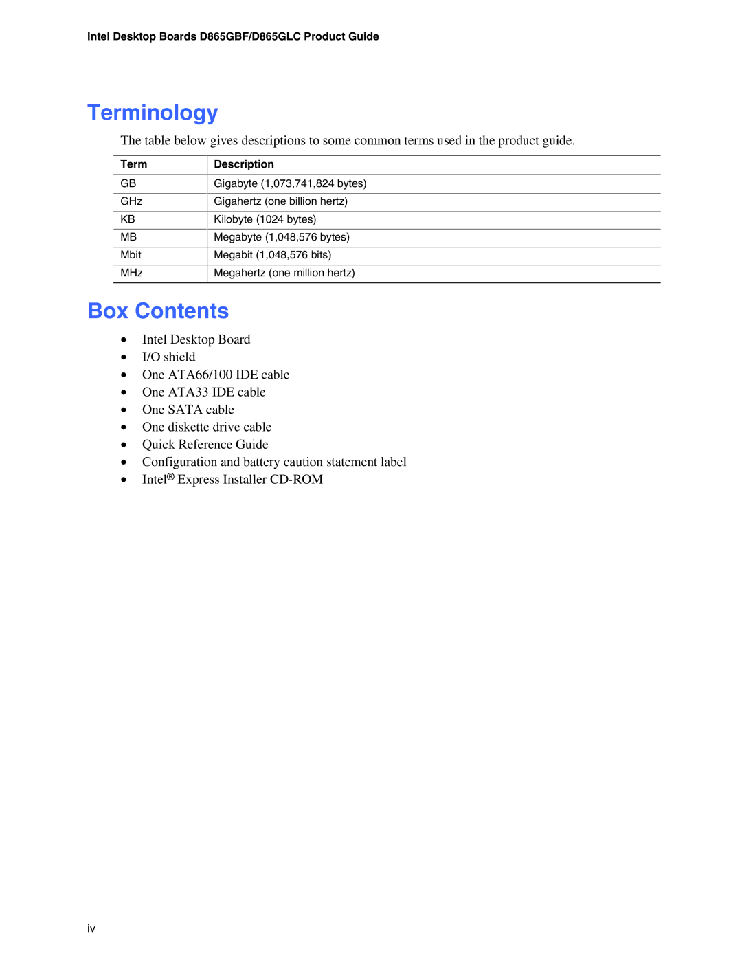 Intel D865GLC, D865GBF manual Terminology, Box Contents 