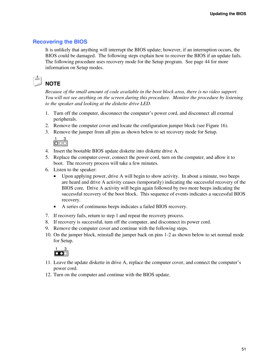 Intel D865GBF, D865GLC manual Recovering the Bios, Updating the Bios 