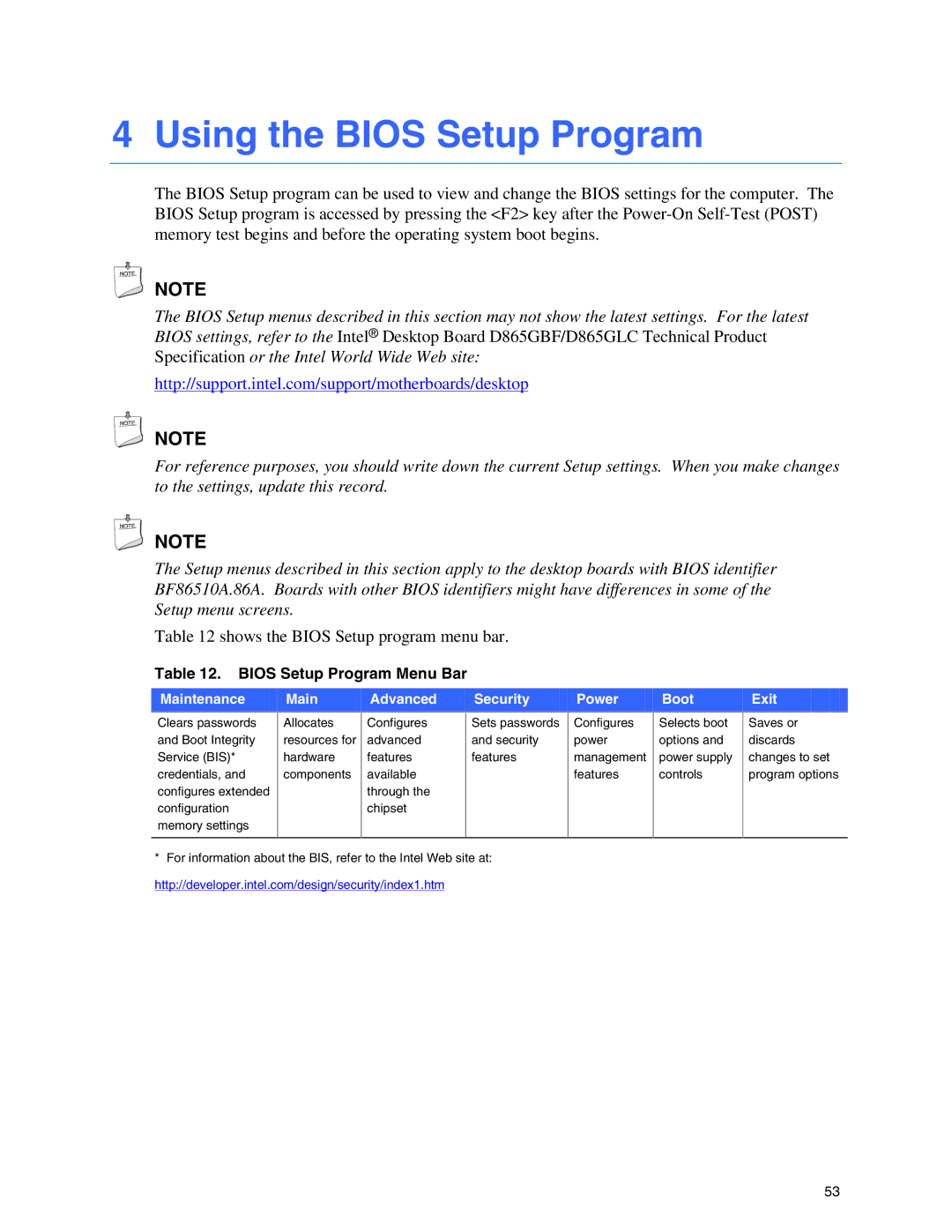 Intel D865GBF, D865GLC Using the Bios Setup Program, Shows the Bios Setup program menu bar, Bios Setup Program Menu Bar 