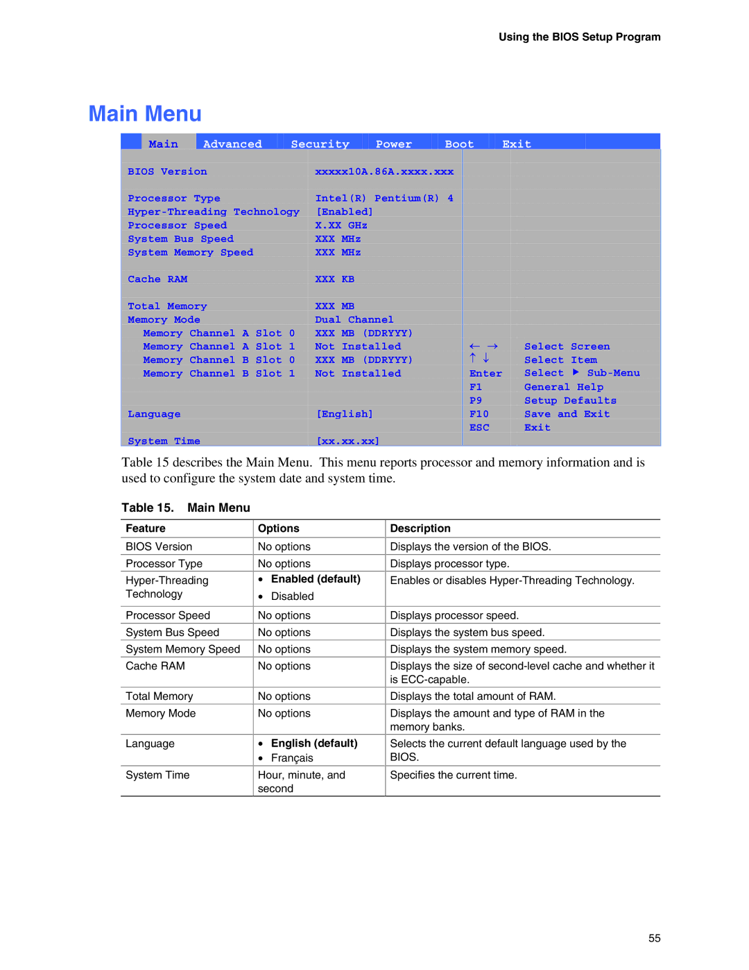 Intel D865GBF, D865GLC manual Main Menu, Using the Bios Setup Program, Enabled default, English default 