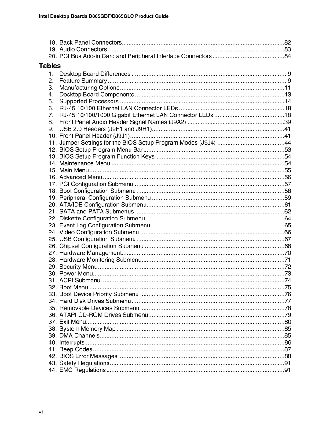 Intel D865GLC, D865GBF manual Tables 