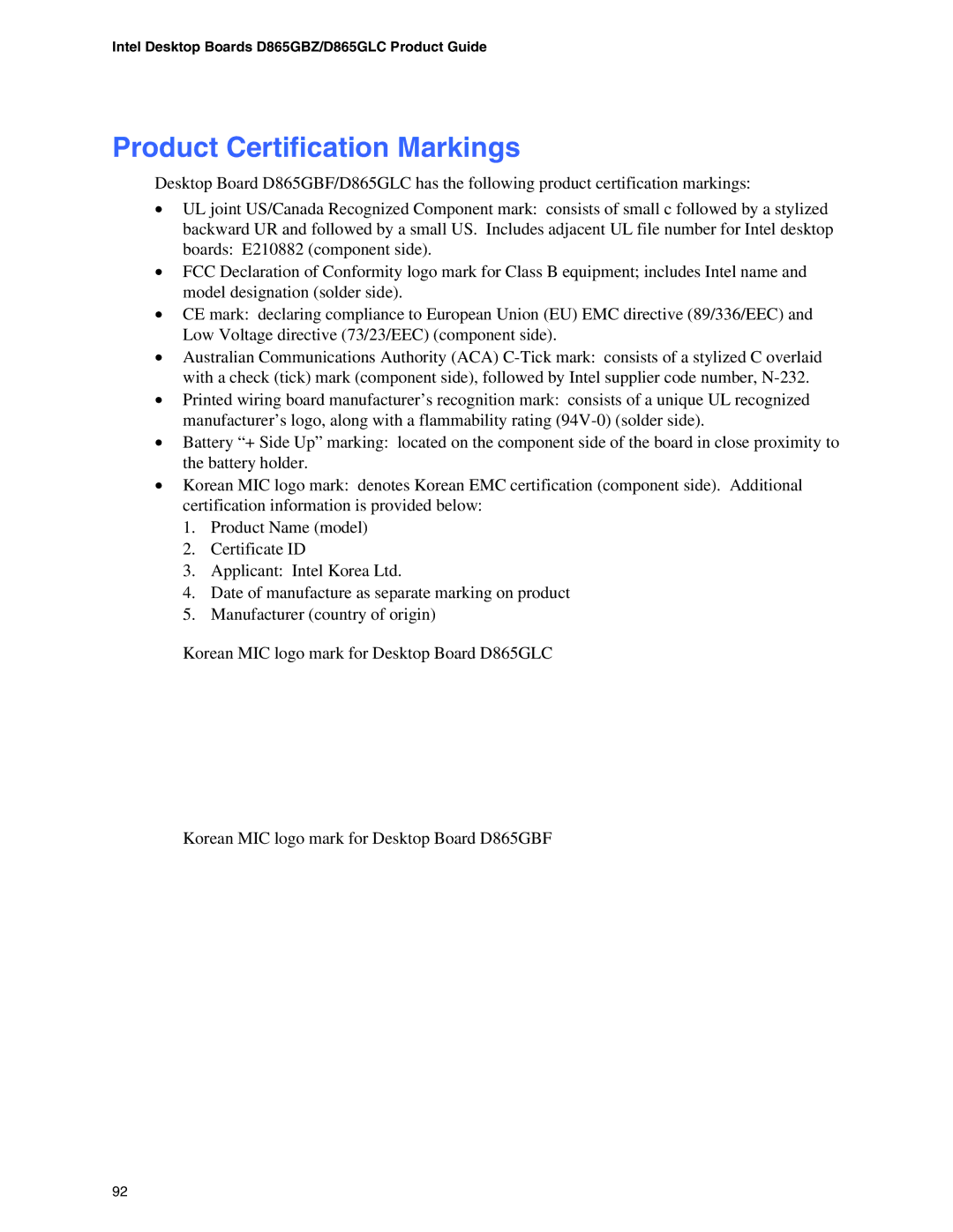 Intel D865GLC, D865GBF manual Product Certification Markings 