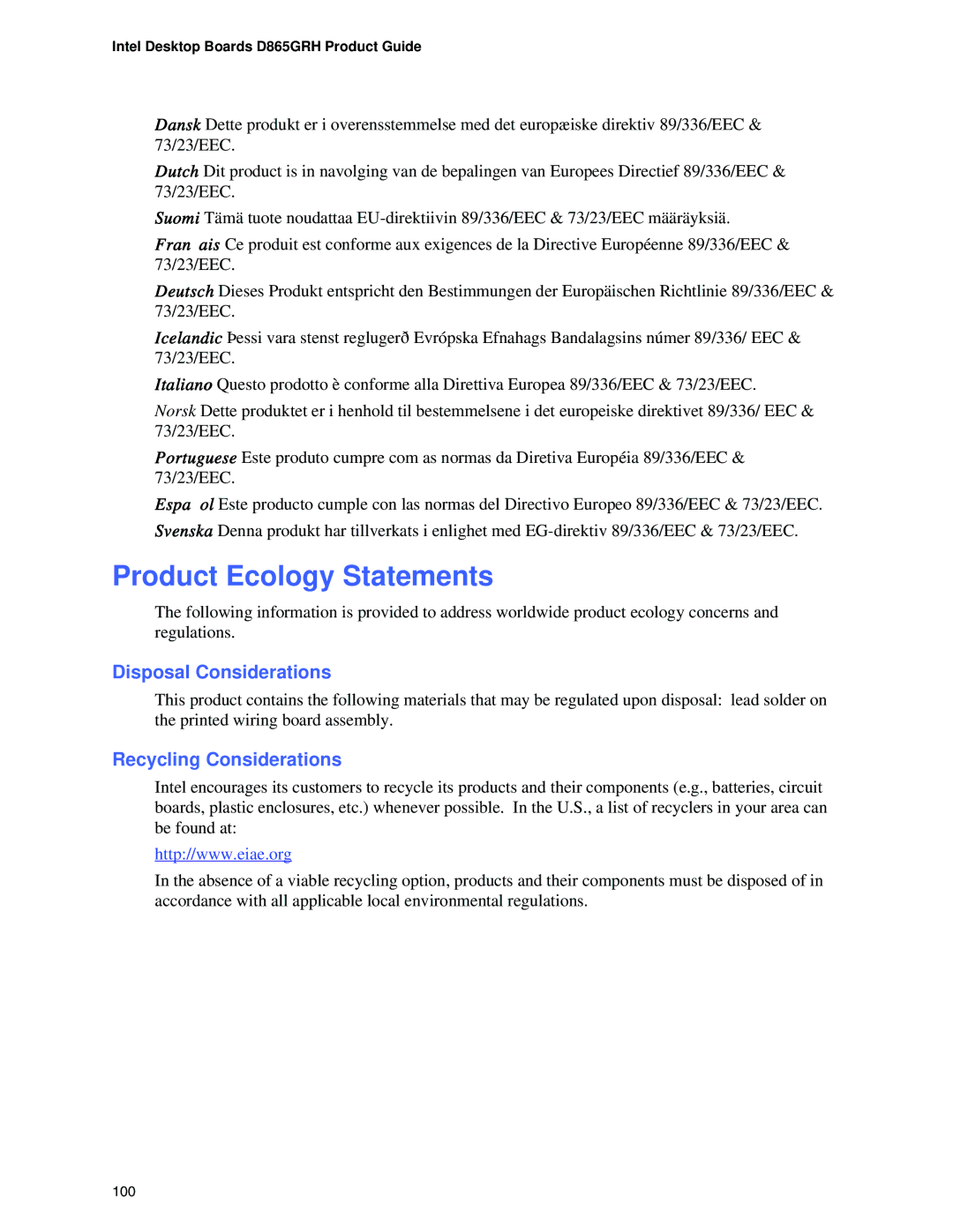 Intel D865GRH manual Product Ecology Statements, Disposal Considerations, Recycling Considerations 