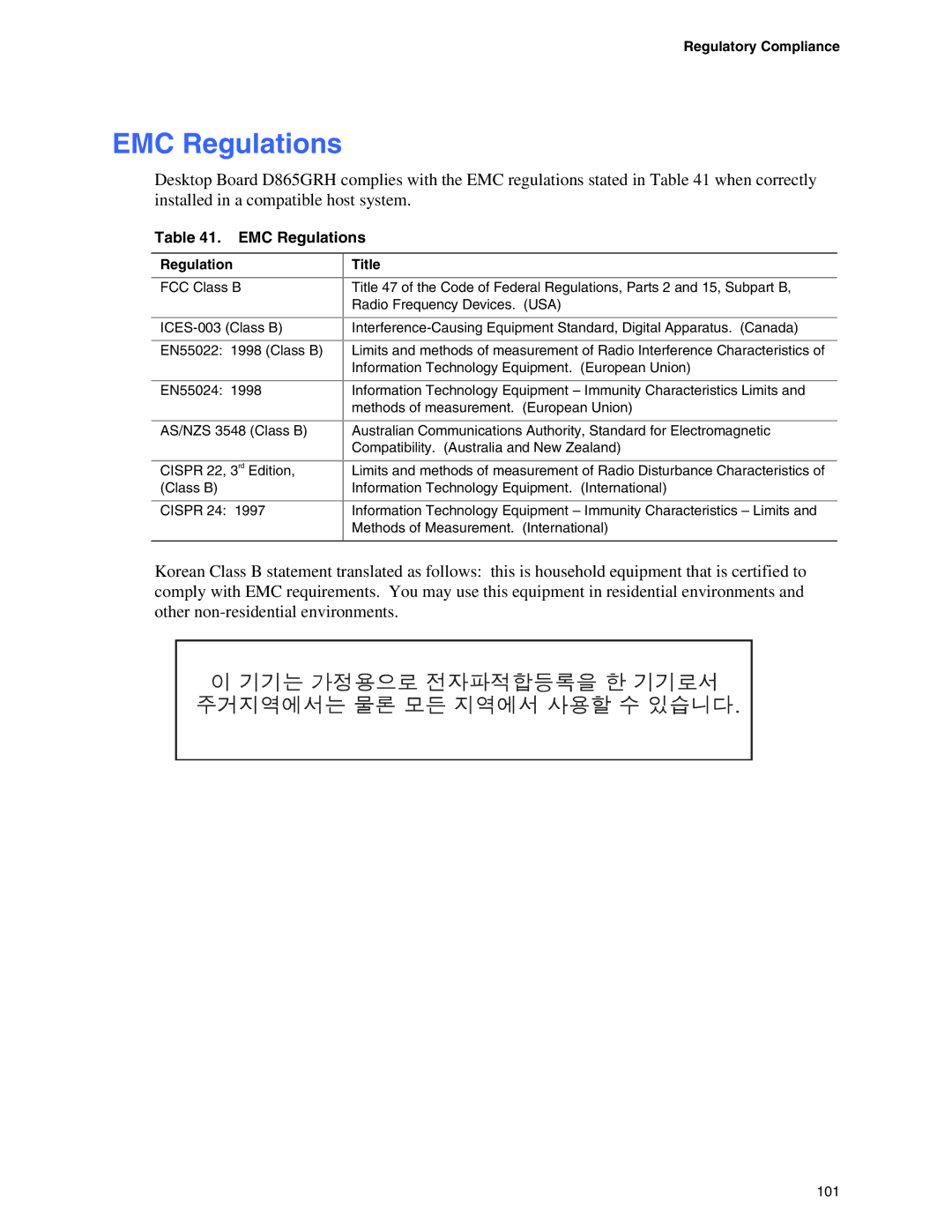 Intel D865GRH manual EMC Regulations, Regulatory Compliance 