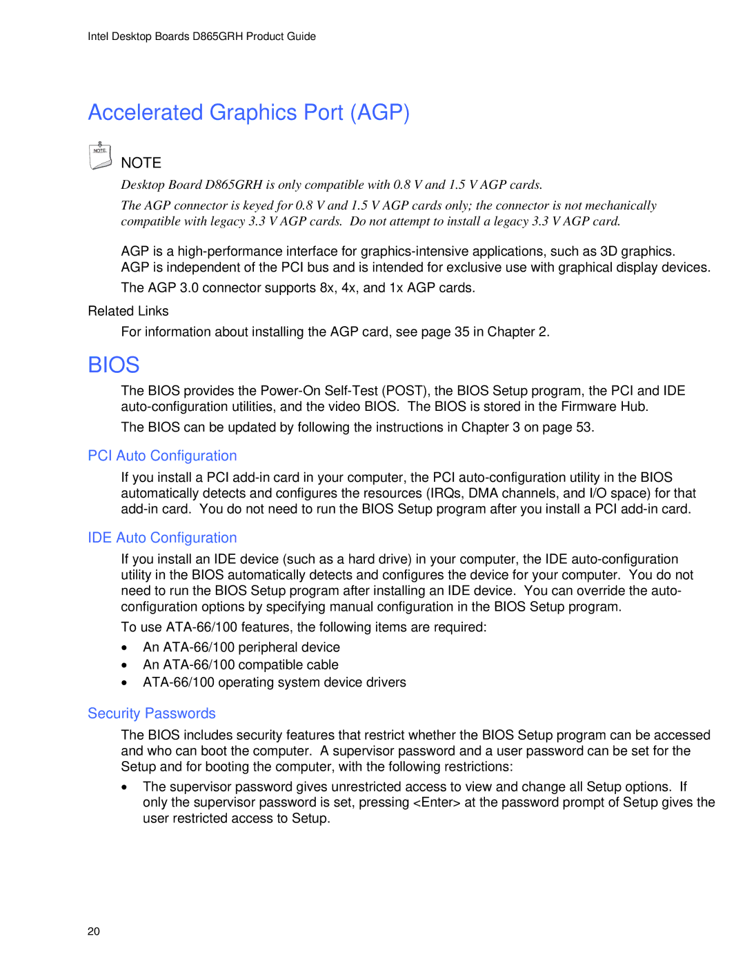 Intel D865GRH manual Accelerated Graphics Port AGP, PCI Auto Configuration, IDE Auto Configuration, Security Passwords 