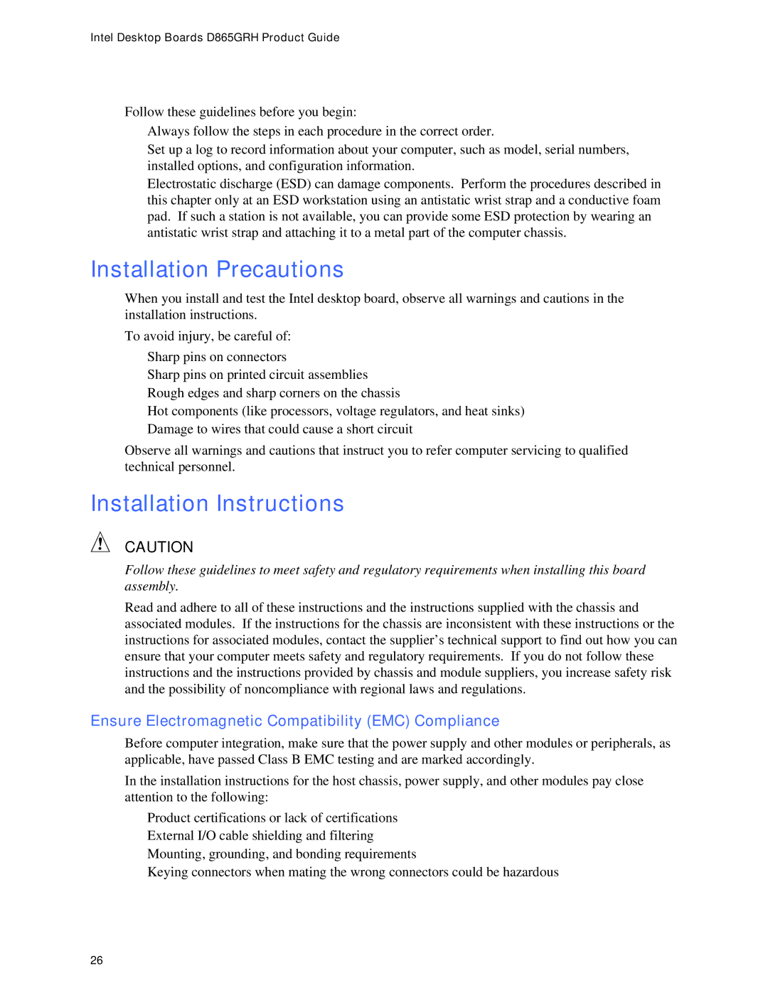 Intel D865GRH Installation Precautions, Installation Instructions, Ensure Electromagnetic Compatibility EMC Compliance 