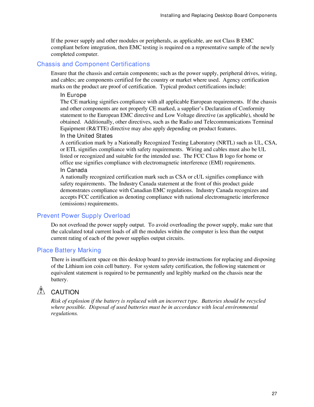 Intel D865GRH manual Chassis and Component Certifications, Prevent Power Supply Overload, Place Battery Marking 