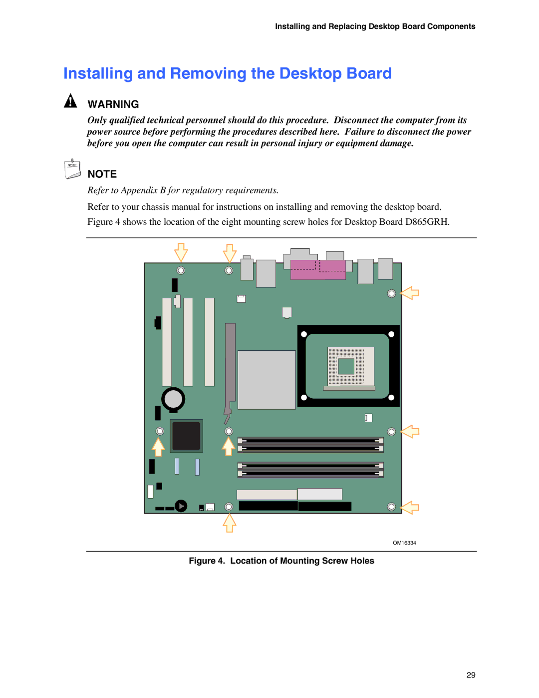 Intel D865GRH manual Installing and Removing the Desktop Board, Location of Mounting Screw Holes 