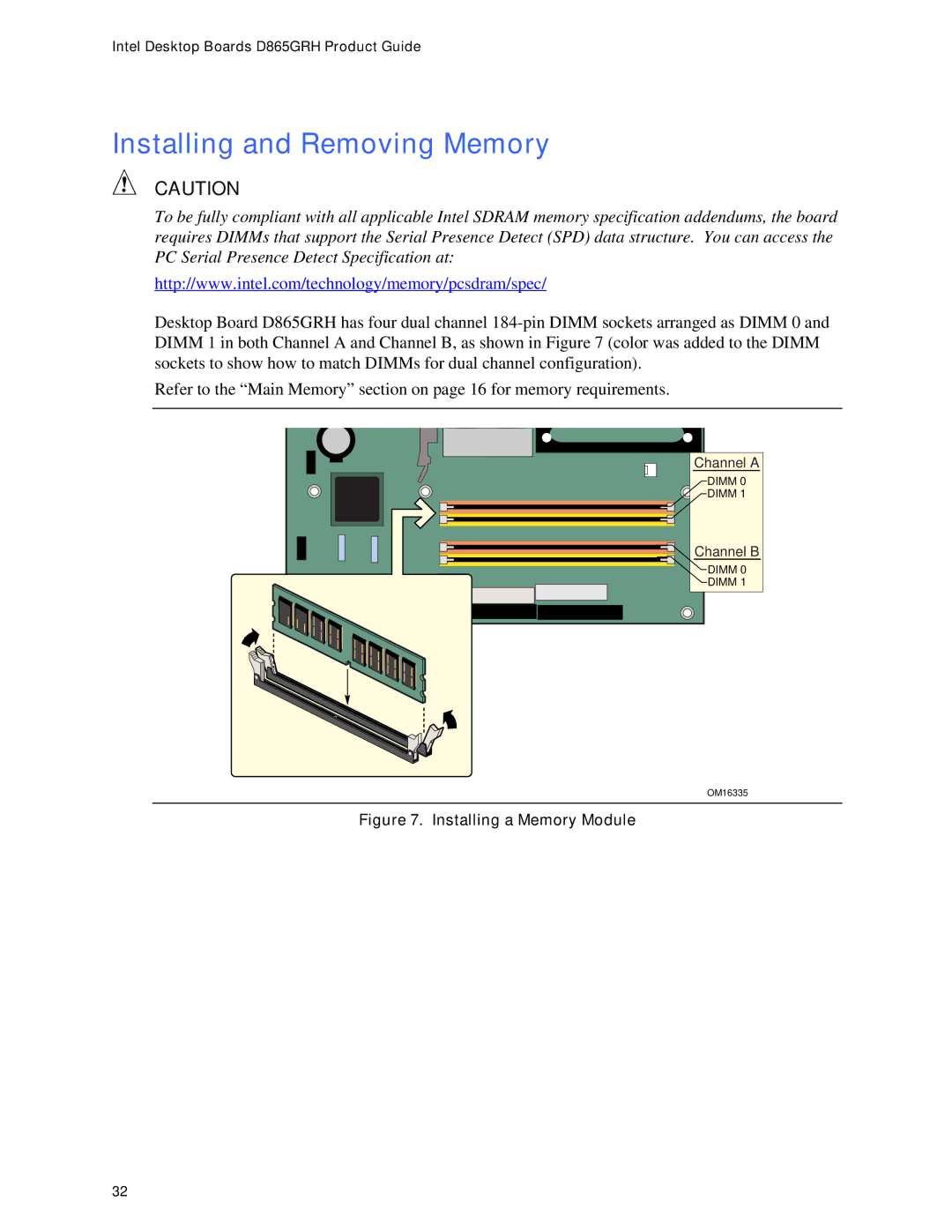 Intel D865GRH manual Installing and Removing Memory, Installing a Memory Module 