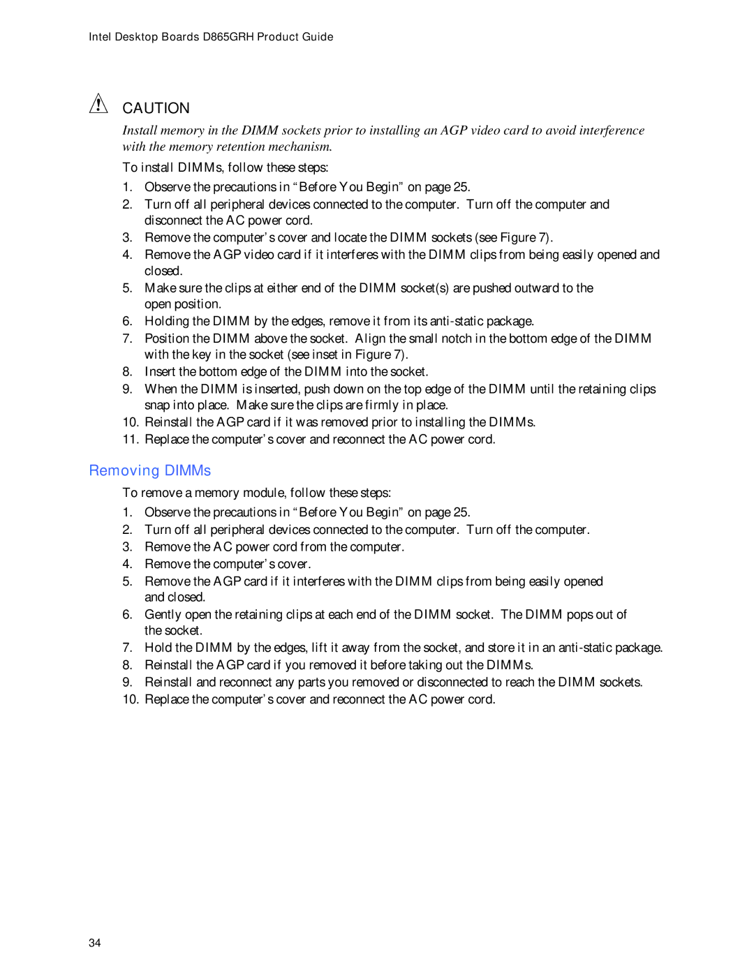 Intel D865GRH manual Removing DIMMs 