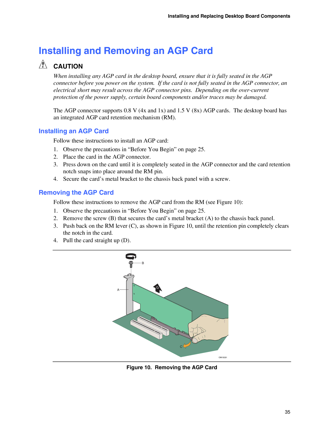 Intel D865GRH manual Installing and Removing an AGP Card, Installing an AGP Card, Removing the AGP Card 