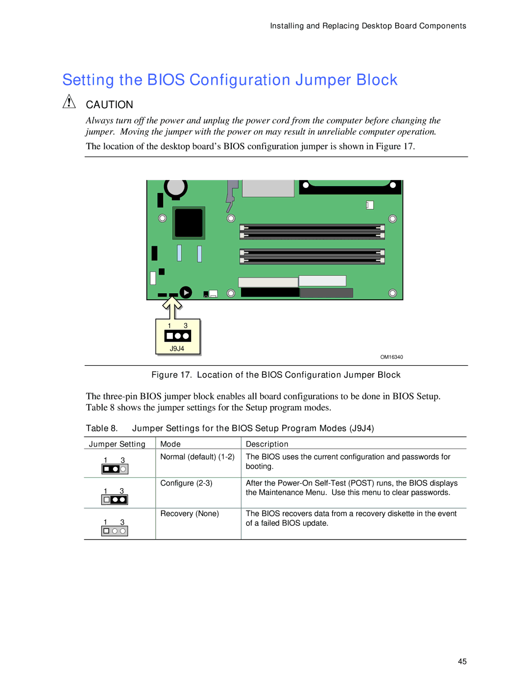 Intel D865GRH manual Setting the Bios Configuration Jumper Block, Jumper Settings for the Bios Setup Program Modes J9J4 