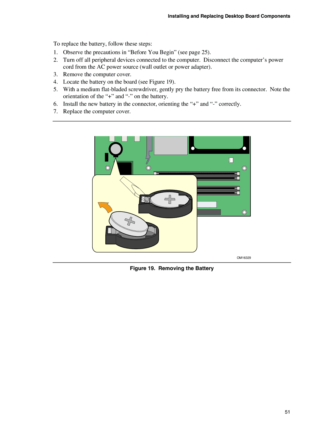 Intel D865GRH manual Removing the Battery 