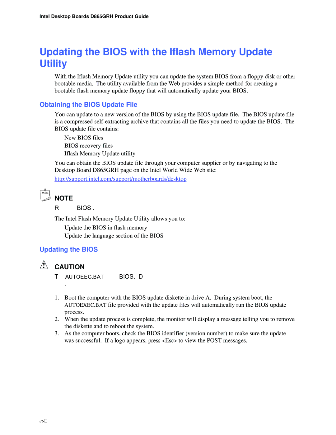 Intel D865GRH manual Updating the Bios with the Iflash Memory Update Utility, Obtaining the Bios Update File 