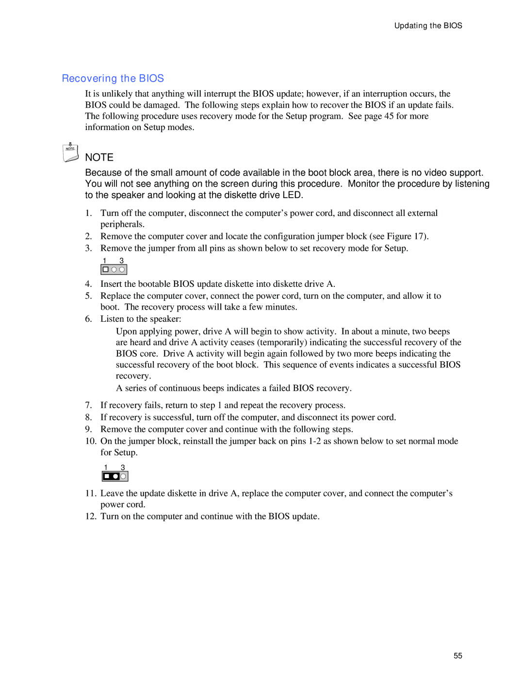 Intel D865GRH manual Recovering the Bios, Updating the Bios 