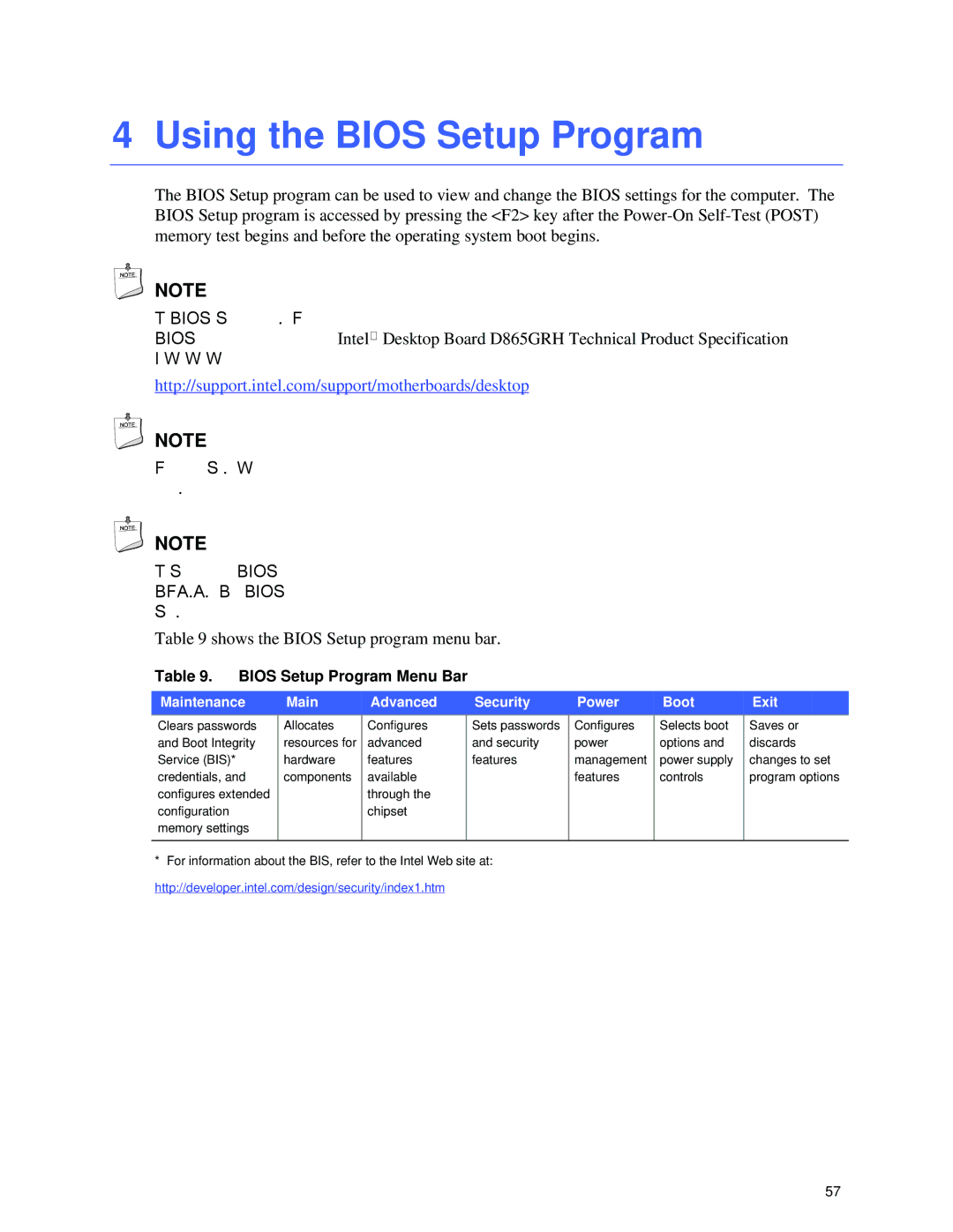 Intel D865GRH manual Using the Bios Setup Program, Shows the Bios Setup program menu bar, Bios Setup Program Menu Bar 