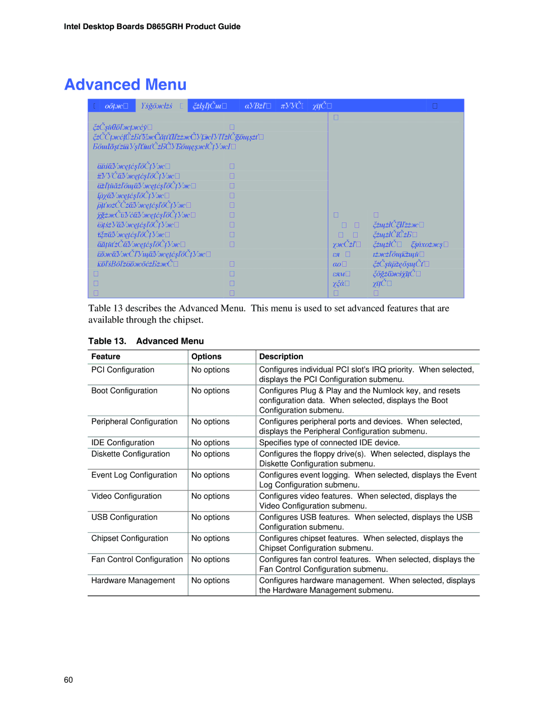 Intel D865GRH manual Advanced Menu, Main, Security Power Boot Exit 