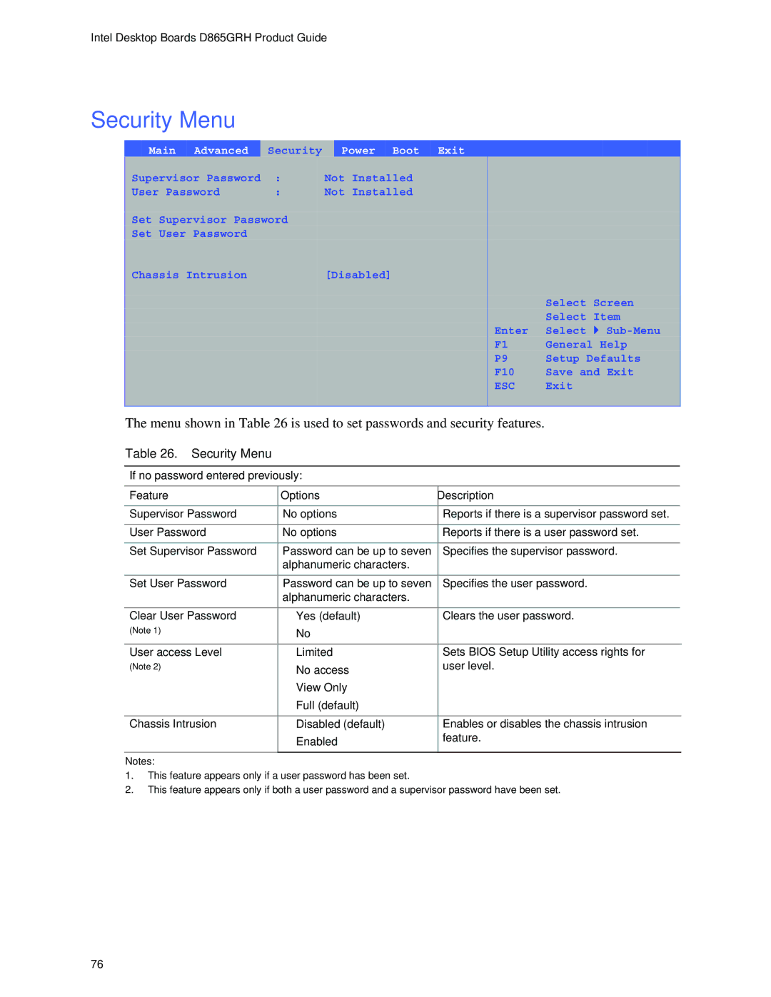 Intel D865GRH manual Security Menu, Main Advanced Security Power Boot Exit, Yes default 