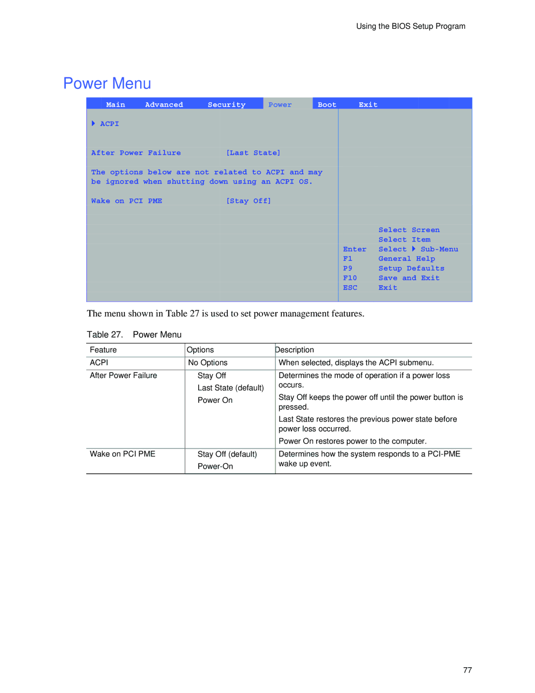 Intel D865GRH Power Menu, Menu shown in is used to set power management features, Last State default, Stay Off default 