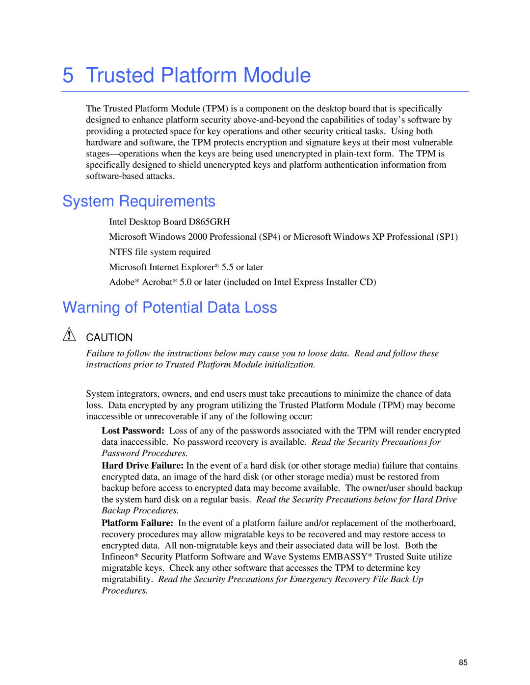 Intel D865GRH manual Trusted Platform Module, System Requirements 