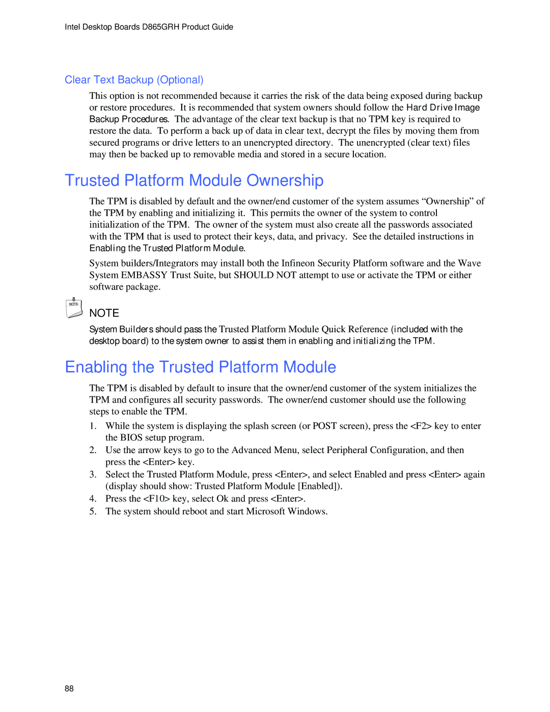 Intel D865GRH manual Trusted Platform Module Ownership, Enabling the Trusted Platform Module, Clear Text Backup Optional 