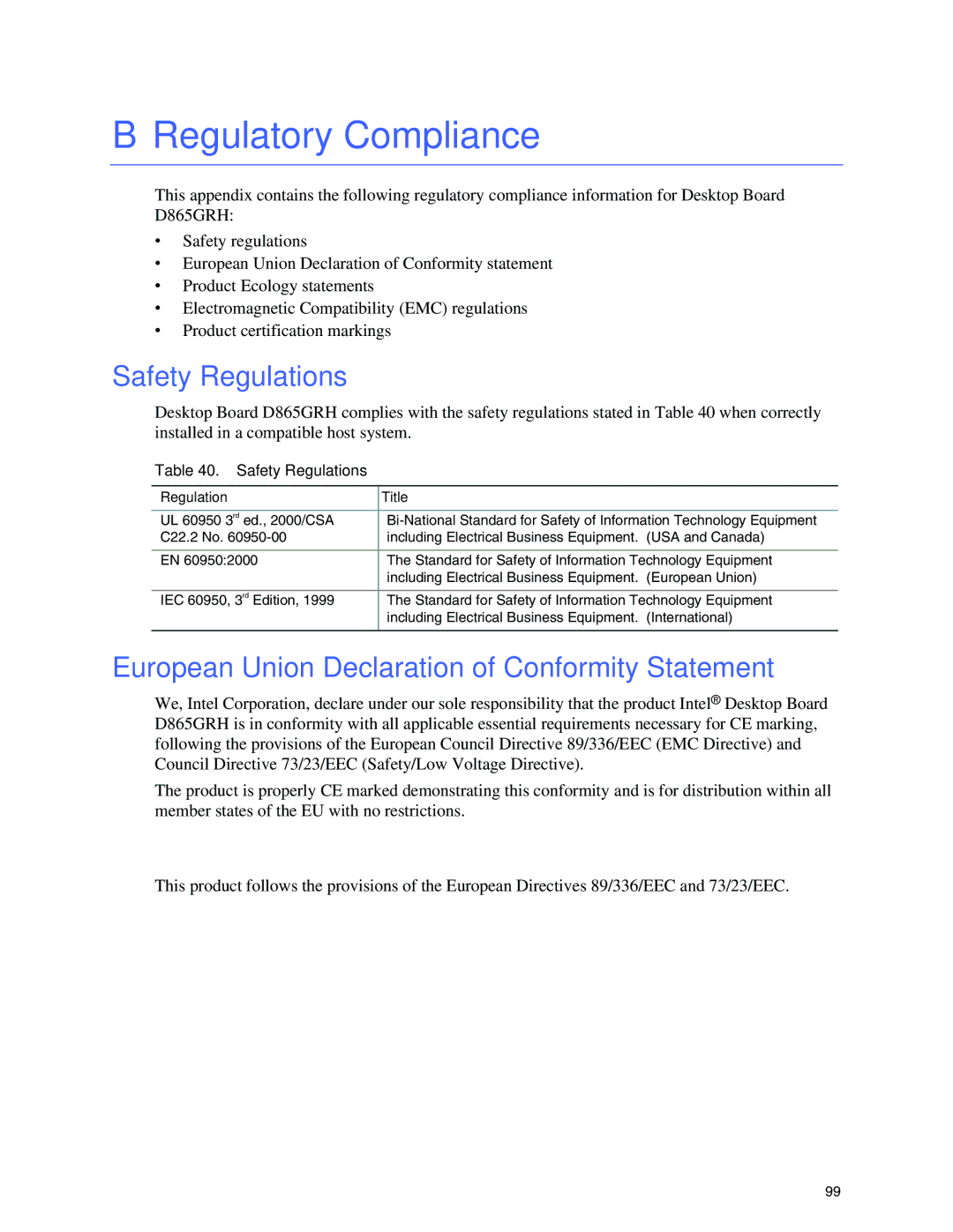 Intel D865GRH manual Regulatory Compliance, Safety Regulations, European Union Declaration of Conformity Statement 