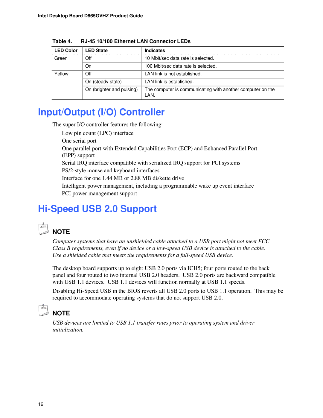 Intel D865GVHZ manual Input/Output I/O Controller, Hi-Speed USB 2.0 Support, RJ-45 10/100 Ethernet LAN Connector LEDs 