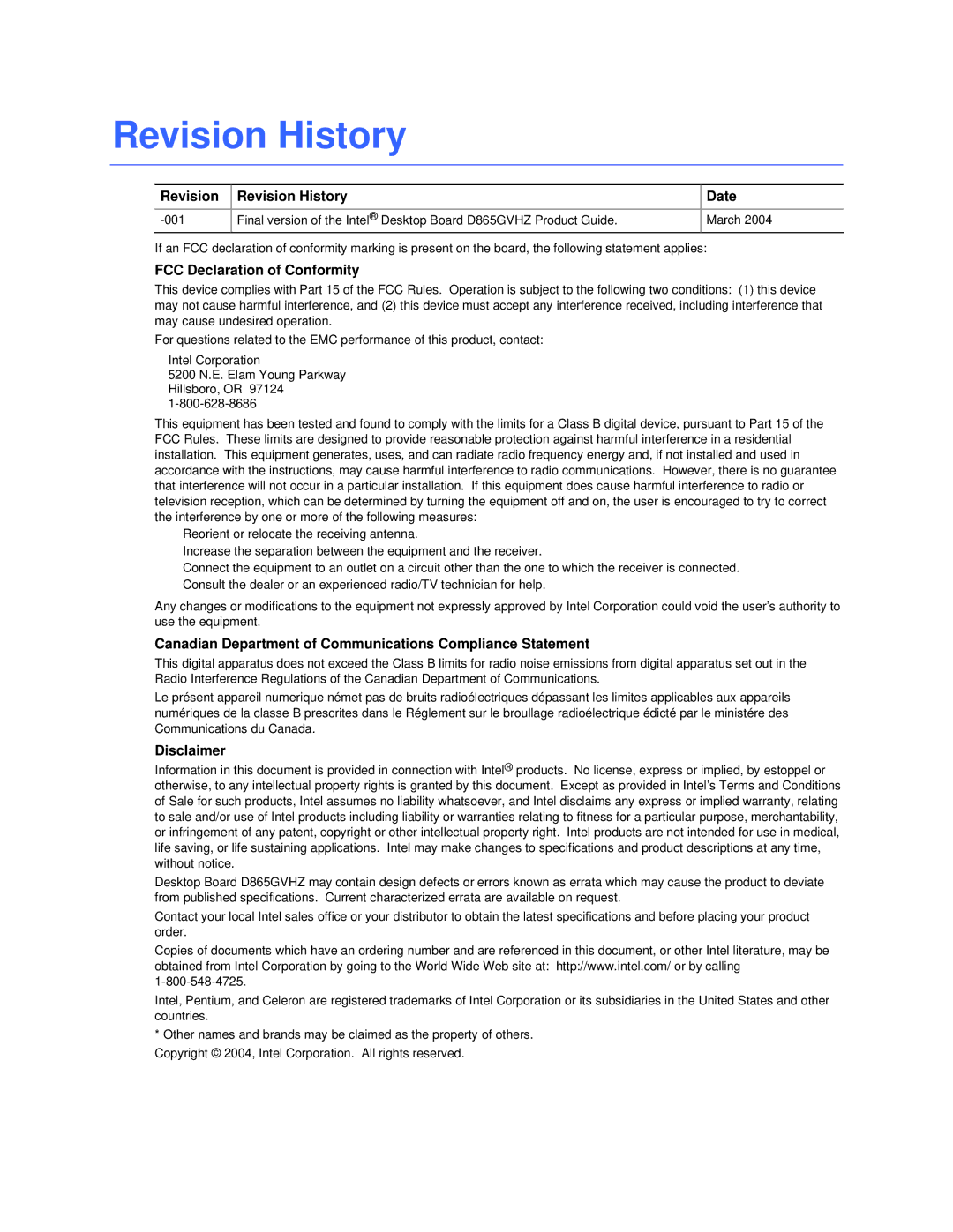 Intel D865GVHZ manual Revision Revision History Date, FCC Declaration of Conformity, Disclaimer 