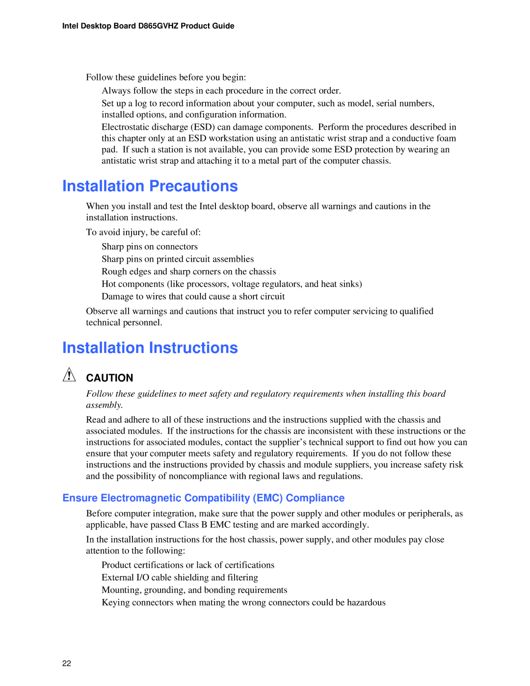 Intel D865GVHZ Installation Precautions, Installation Instructions, Ensure Electromagnetic Compatibility EMC Compliance 