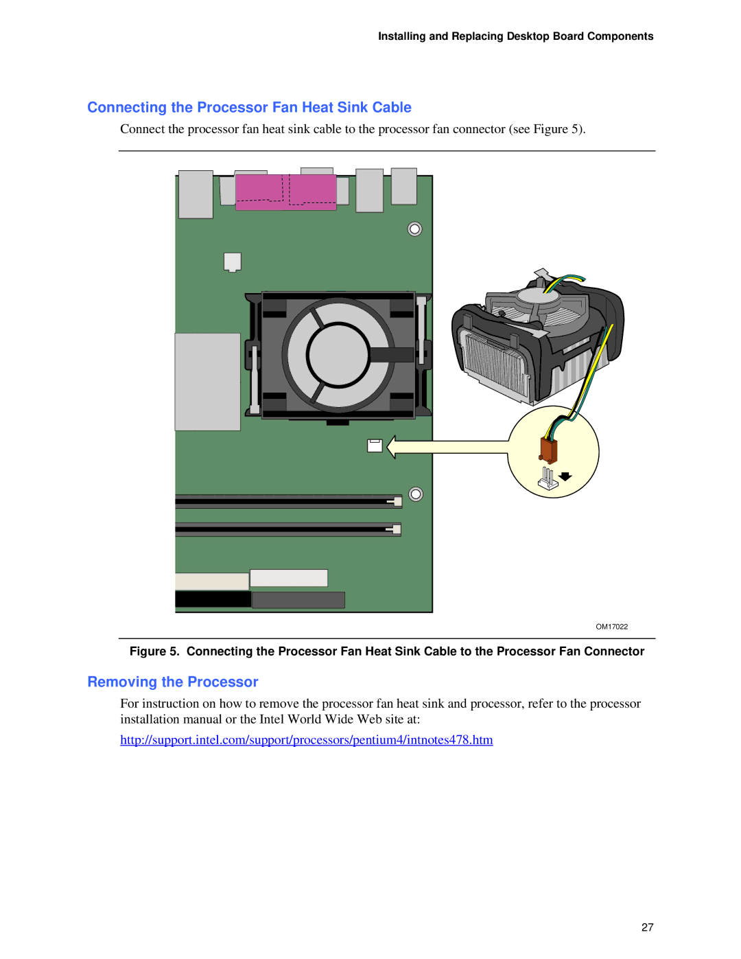 Intel D865GVHZ manual Connecting the Processor Fan Heat Sink Cable, Removing the Processor 