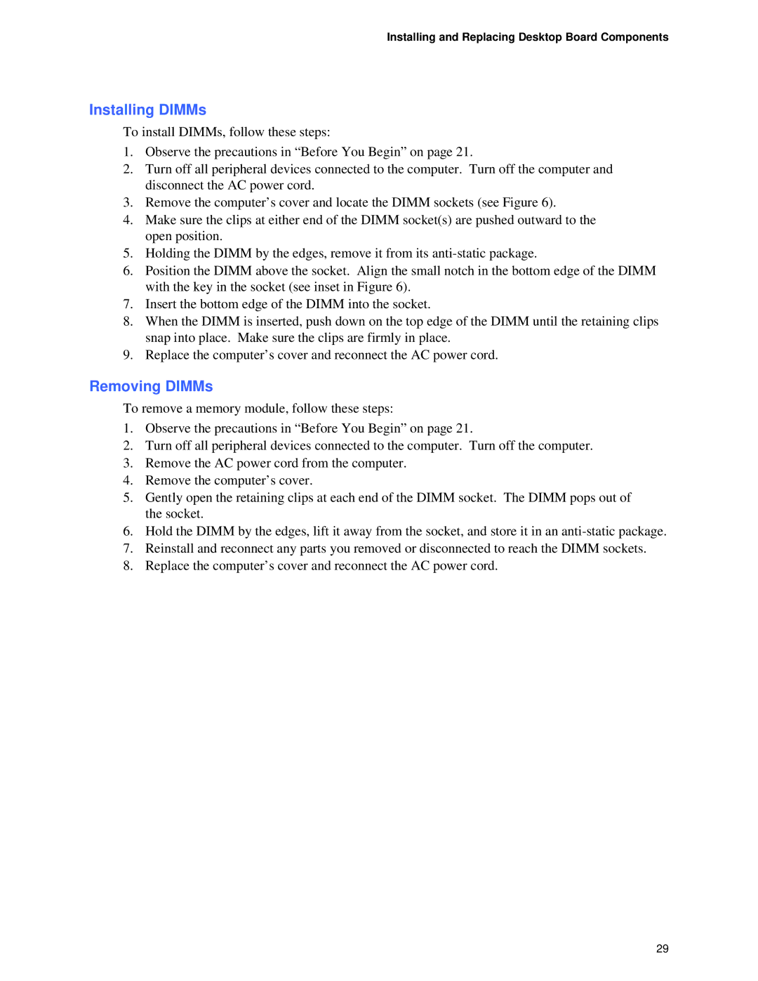 Intel D865GVHZ manual Installing DIMMs, Removing DIMMs 