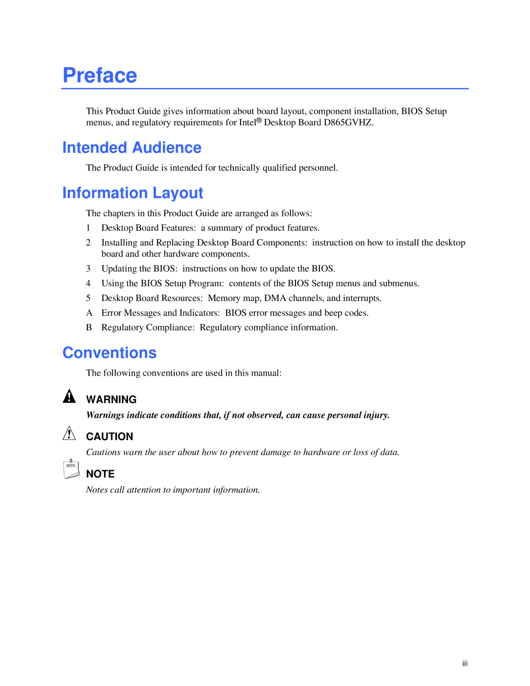 Intel D865GVHZ Preface, Intended Audience, Information Layout, Conventions, Following conventions are used in this manual 