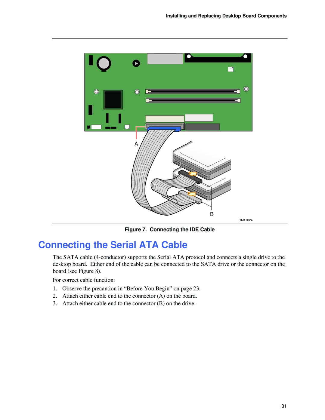 Intel D865GVHZ manual Connecting the Serial ATA Cable, Connecting the IDE Cable 