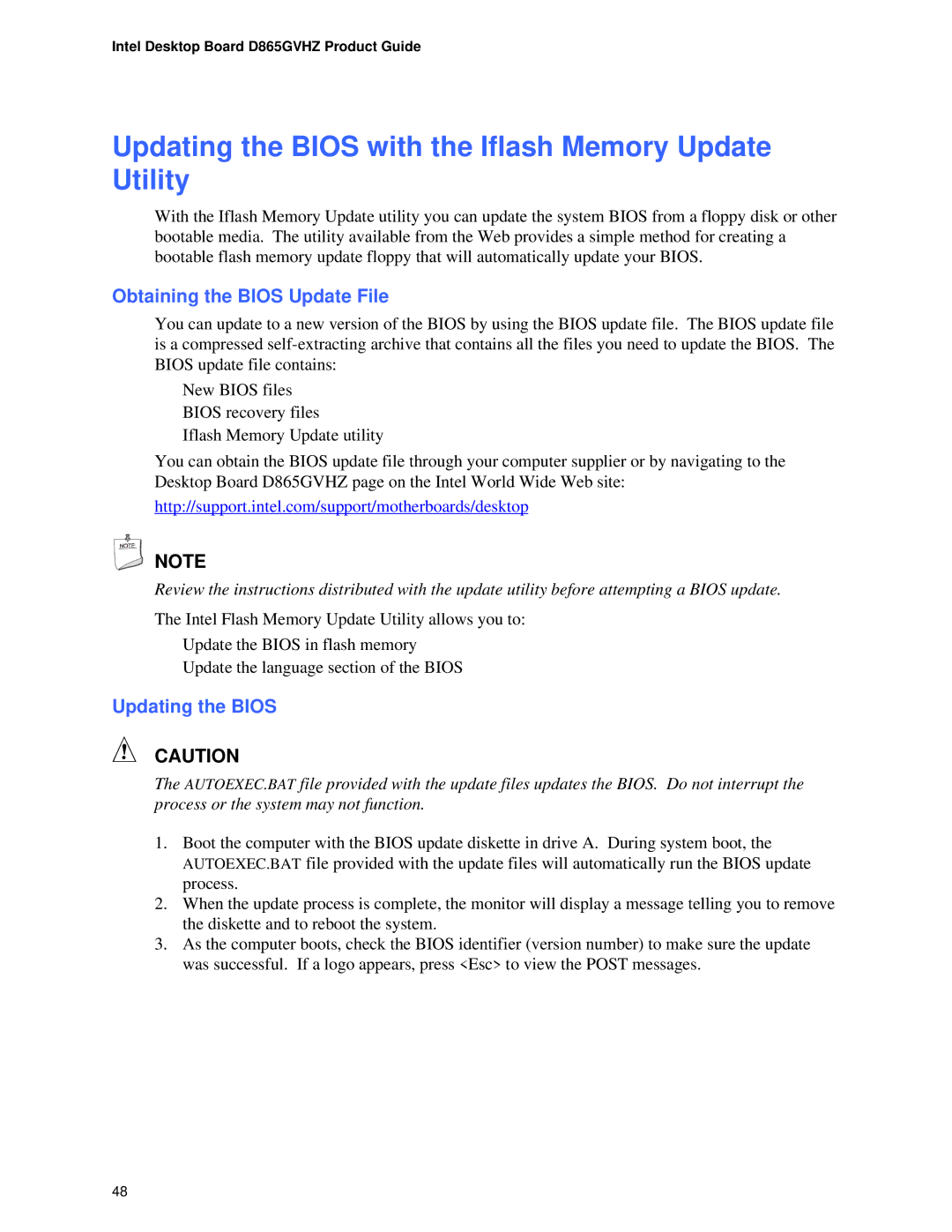 Intel D865GVHZ manual Updating the Bios with the Iflash Memory Update Utility, Obtaining the Bios Update File 