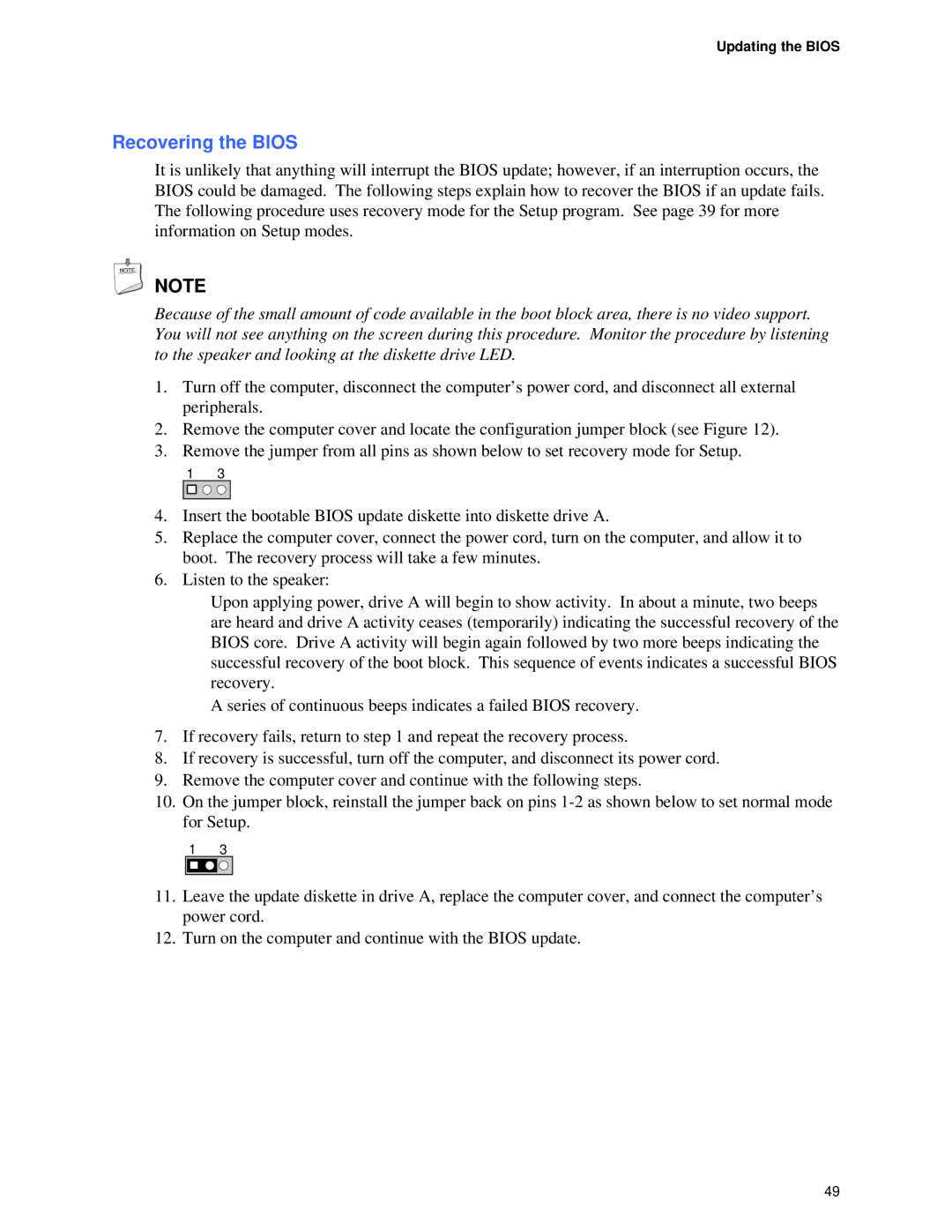 Intel D865GVHZ manual Recovering the Bios, Updating the Bios 