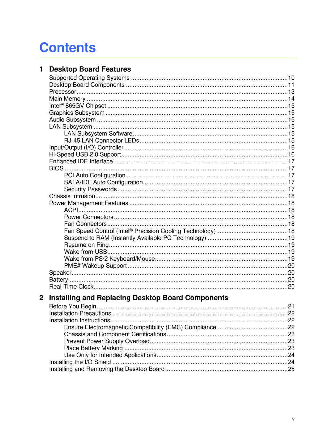 Intel D865GVHZ manual Contents 