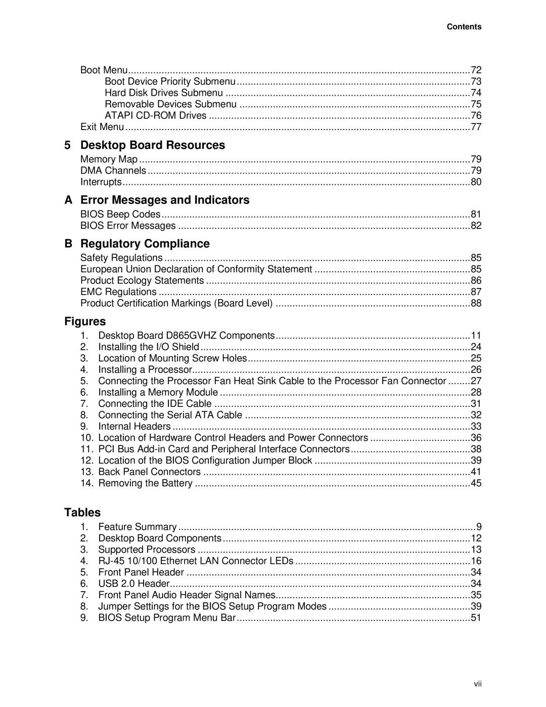 Intel D865GVHZ manual Regulatory Compliance, Contents 