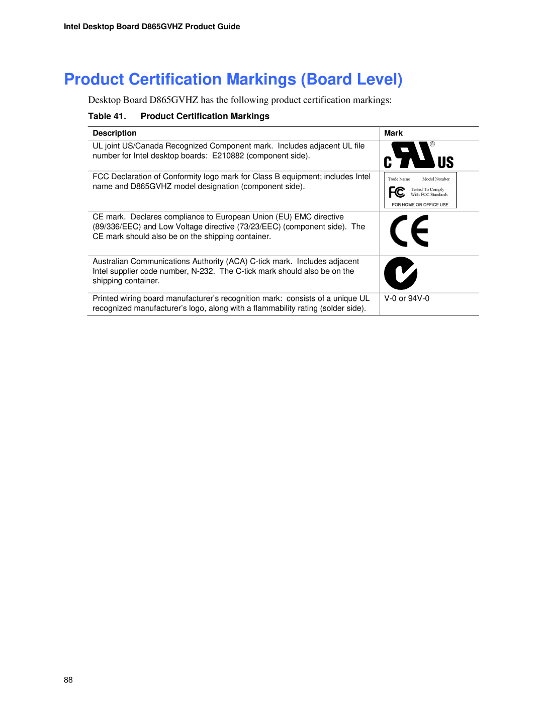 Intel D865GVHZ manual Product Certification Markings Board Level, Description Mark 