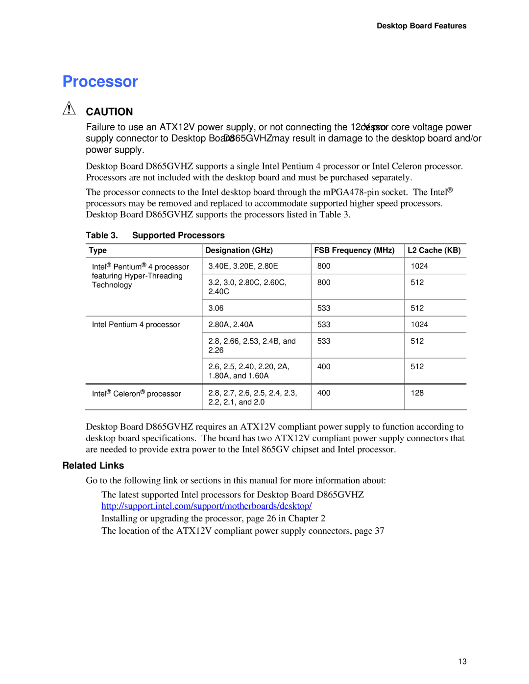 Intel D865GVHZ manual Supported Processors, Type Designation GHz FSB Frequency MHz L2 Cache KB 