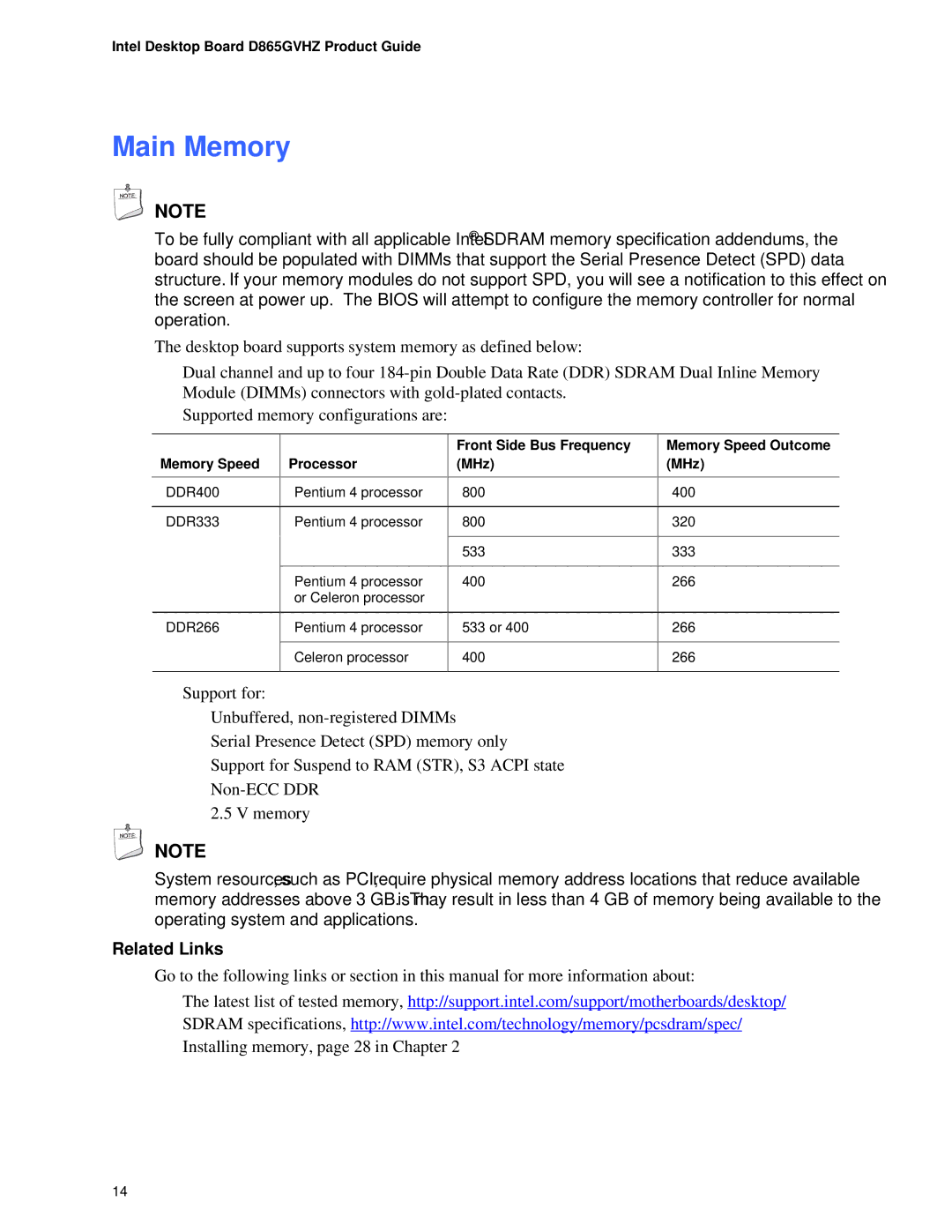 Intel D865GVHZ manual Main Memory, Front Side Bus Frequency Memory Speed Outcome Processor MHz 