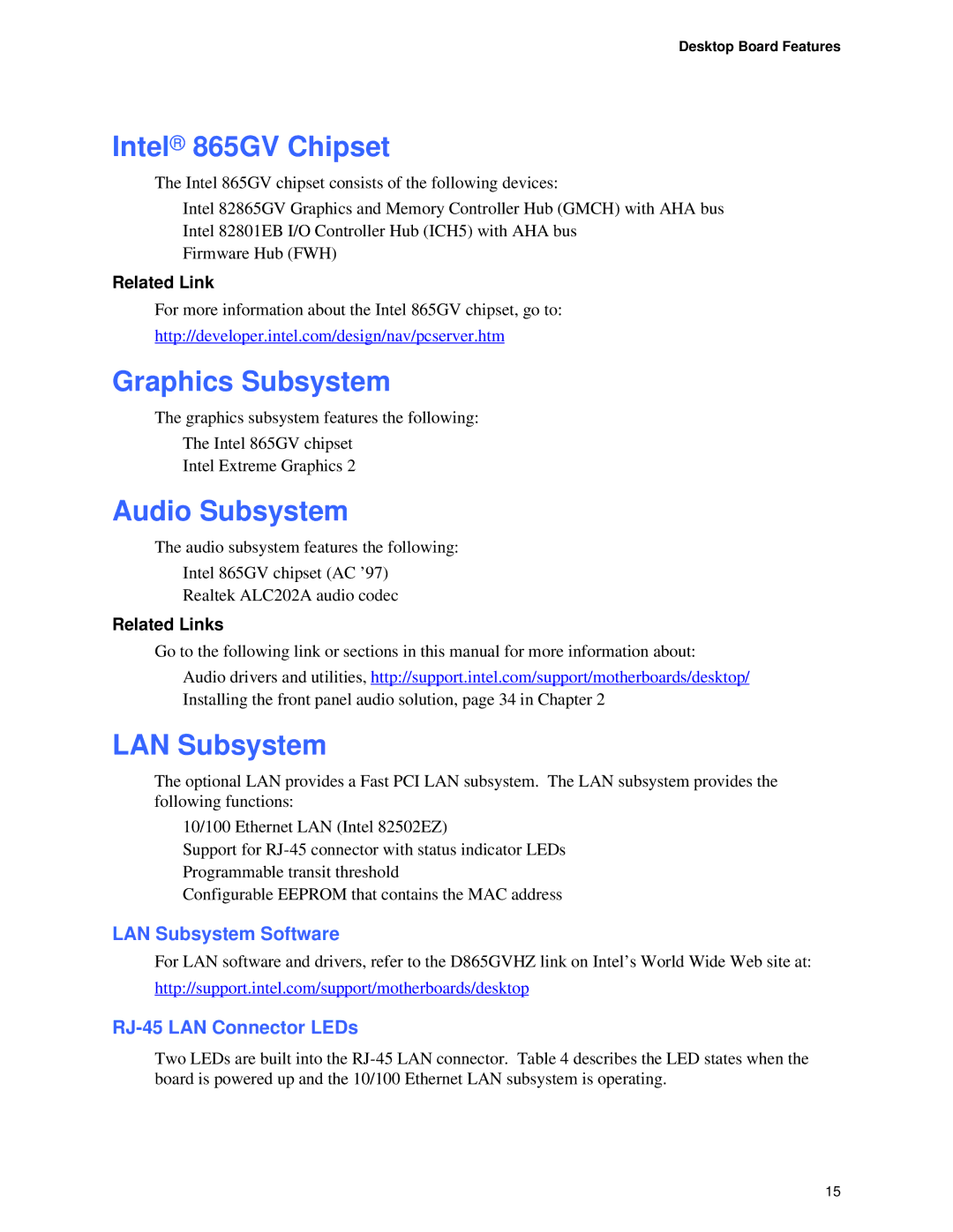 Intel D865GVHZ manual Intel 865GV Chipset, Graphics Subsystem, Audio Subsystem, LAN Subsystem 