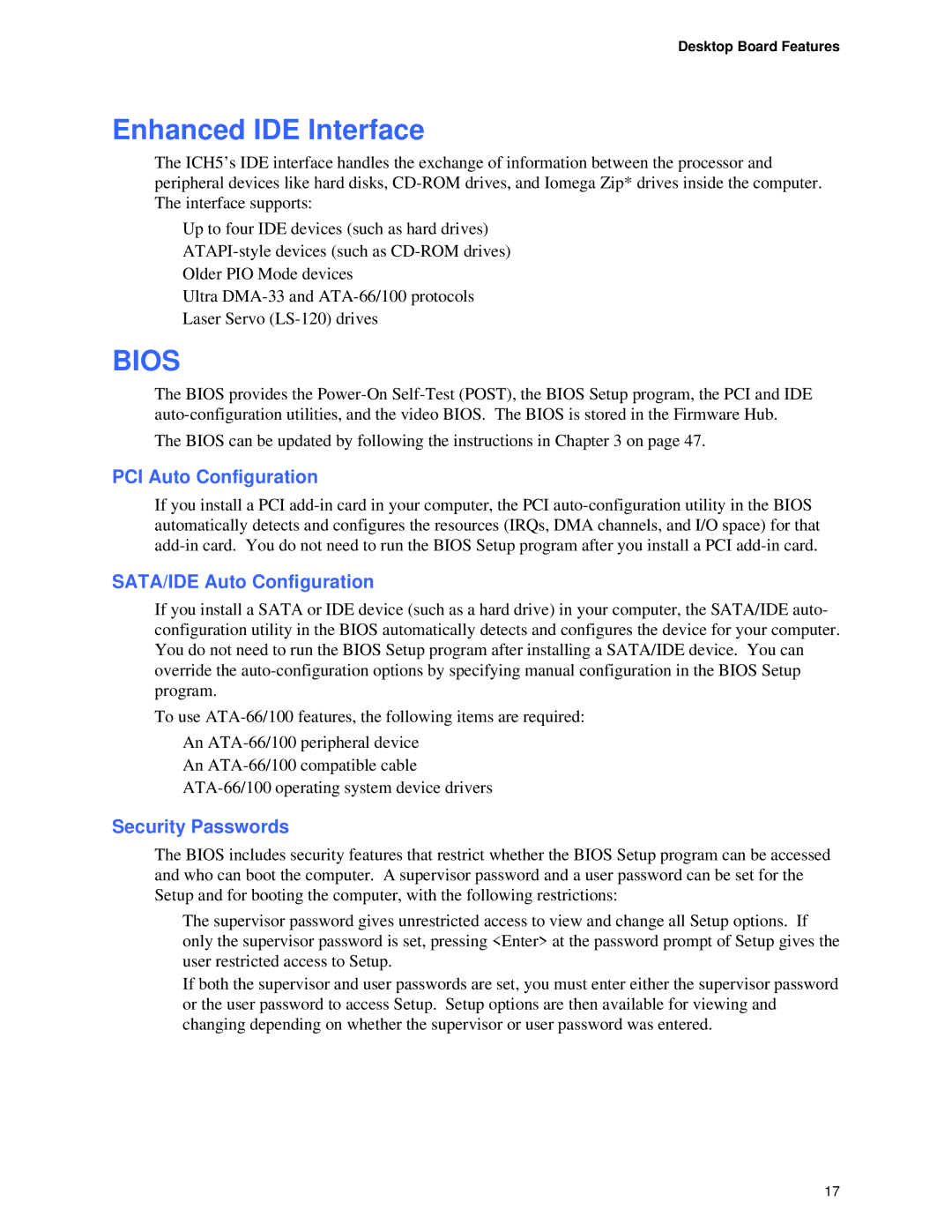 Intel D865GVHZ manual Enhanced IDE Interface, PCI Auto Configuration, SATA/IDE Auto Configuration, Security Passwords 