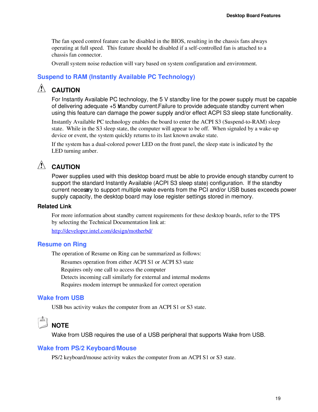 Intel D865GVHZ manual Suspend to RAM Instantly Available PC Technology, Resume on Ring, Wake from USB 